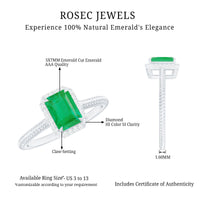 Natural 1.2 carat emerald engagement ring with diamond halo by Rosec Jewels, featuring a vibrant green emerald centerpiece and sparkling diamonds.