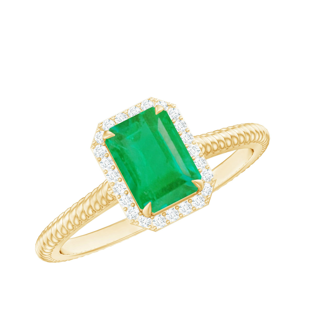 Natural 1.2 carat emerald engagement ring with diamond halo and rose gold band from Rosec Jewels.