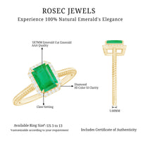 Natural 1.2 carat emerald engagement ring with diamond halo by Rosec Jewels, featuring a vibrant emerald centerpiece and sparkling diamonds.