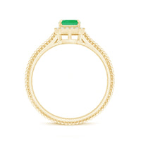 Natural 1.2 carat emerald engagement ring with diamond halo from Rosec Jewels, featuring a vibrant green emerald centerpiece.
