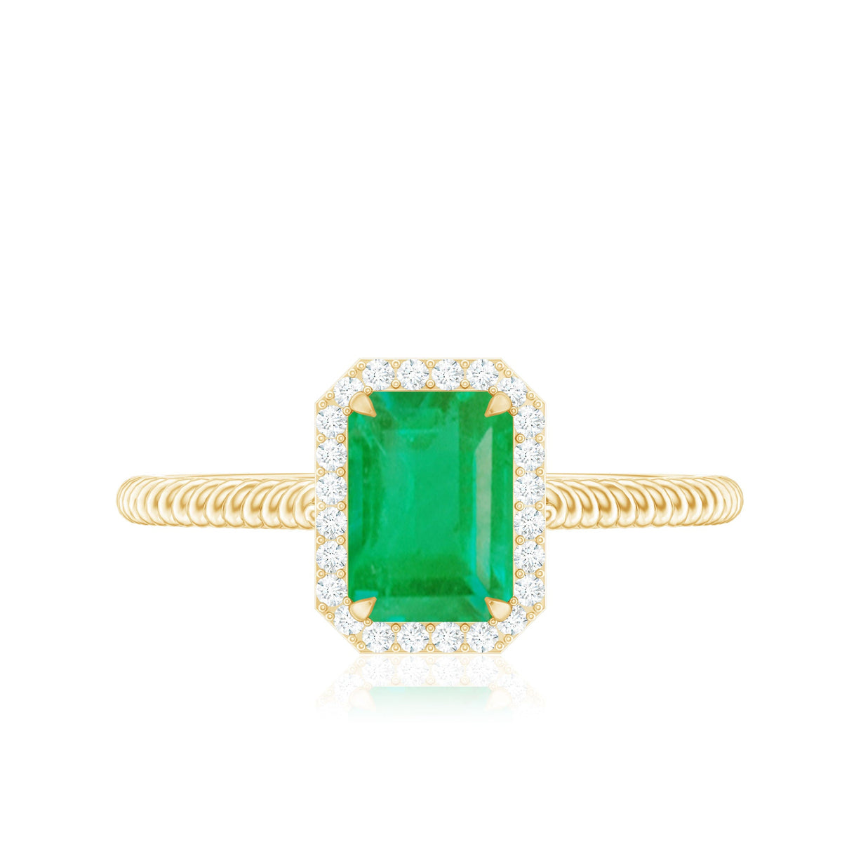 Natural 1.2 carat emerald engagement ring with diamond halo by Rosec Jewels, featuring a central emerald gemstone and sparkling diamonds.