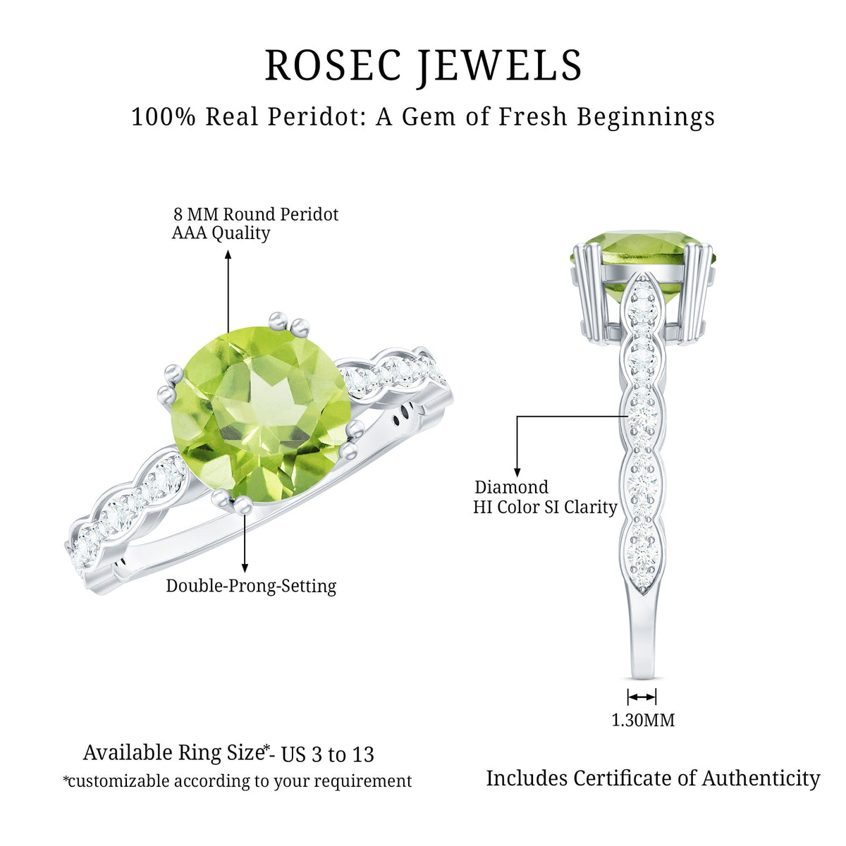 Real 2 Carat Peridot Solitaire Engagement Ring with Diamond Side Stones