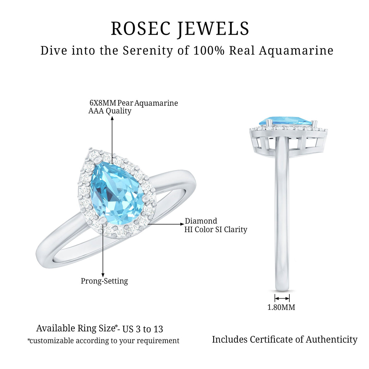 Pear-shaped aquamarine engagement ring with diamond halo from Rosec Jewels, showcasing a 1-carat pear cut center stone.