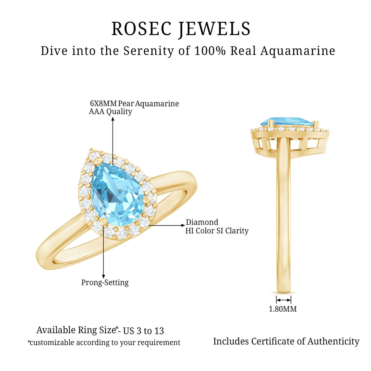 Pear cut aquamarine engagement ring with diamond halo, featuring a 1-carat center stone and intricate band design by Rosec Jewels.