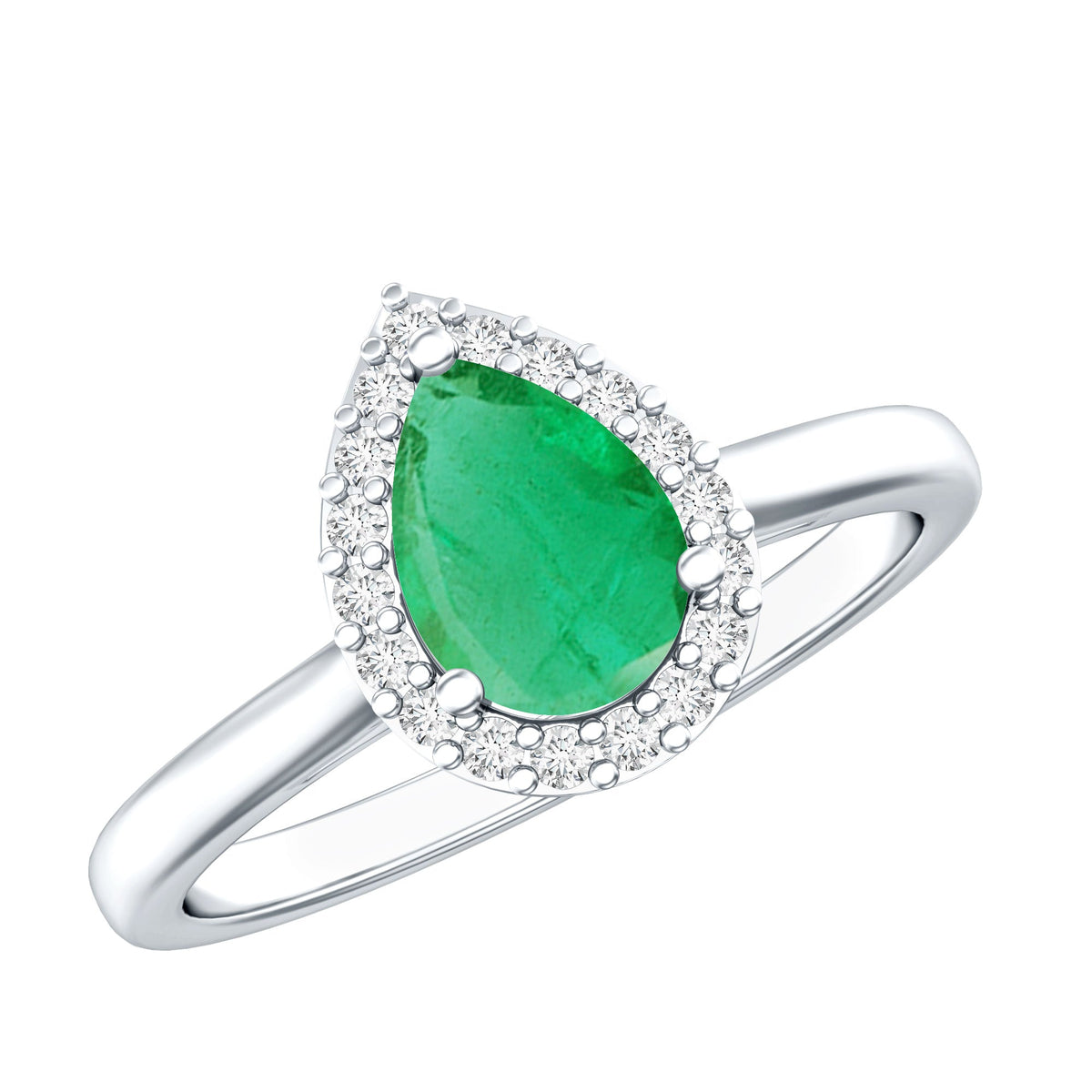 Real emerald teardrop engagement ring with diamond halo from Rosec Jewels, featuring a sparkling emerald center and intricate band.