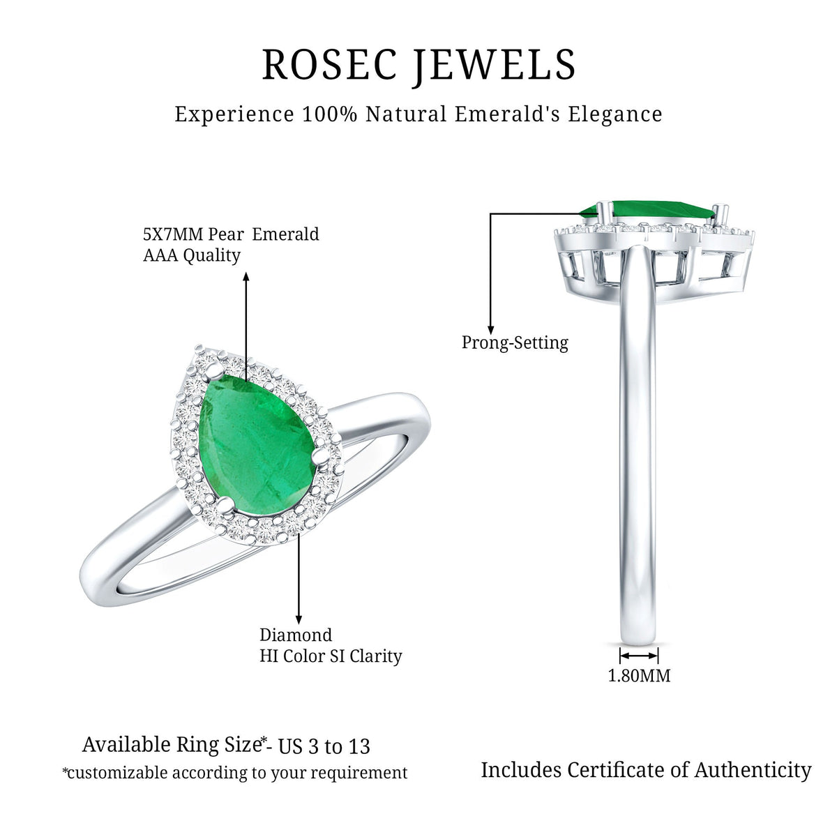 Real emerald teardrop engagement ring with diamond halo from Rosec Jewels, featuring a central emerald gemstone and sparkling diamond accents.