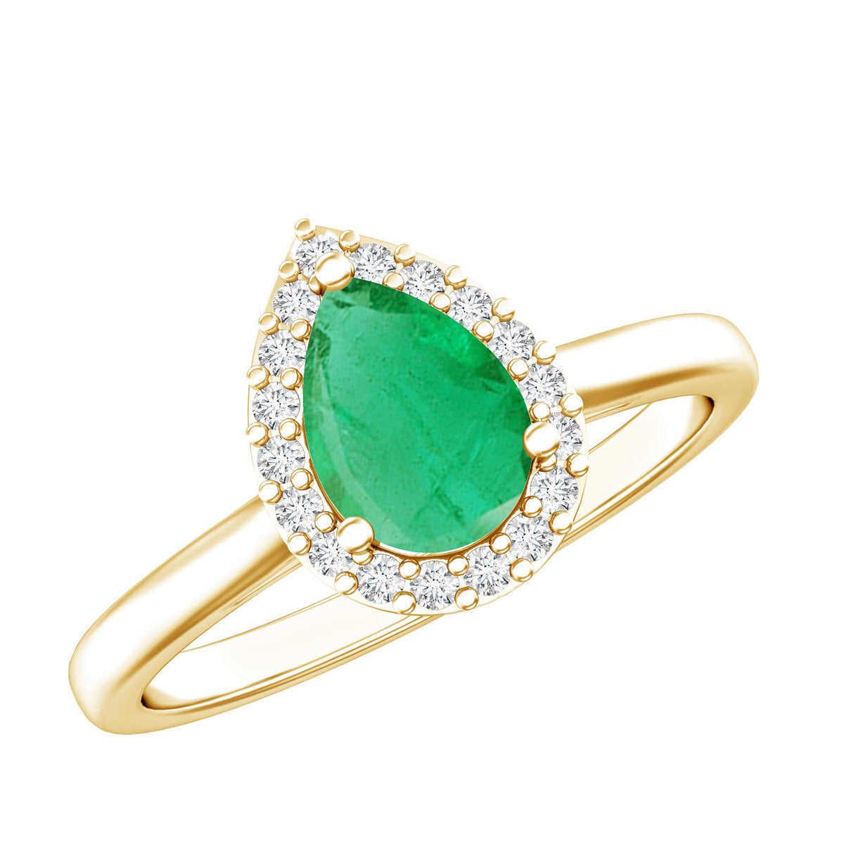 Real emerald teardrop engagement ring with diamond halo, featuring a silver band and intricate detailing from Rosec Jewels.