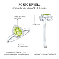Real 1 Carat Peridot Teardrop Engagement Ring with Diamond Halo