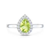 Real 1 Carat Peridot Teardrop Engagement Ring with Diamond Halo