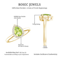 Real 1 Carat Peridot Teardrop Engagement Ring with Diamond Halo