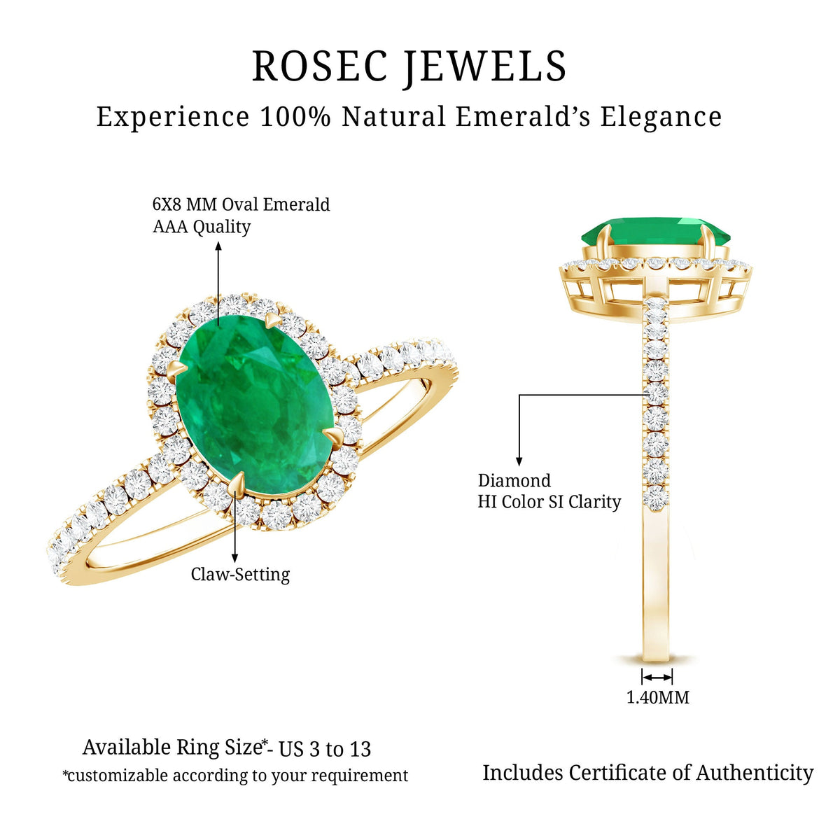 Genuine 6x8mm oval emerald engagement ring with diamond halo by Rosec Jewels, featuring a detailed silver band.
