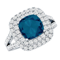Real 8mm Cushion Cut London Blue Topaz Double Halo Engagement Ring with Moissanite
