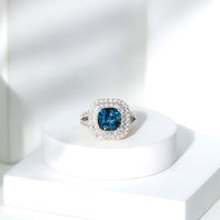 Real 8mm Cushion Cut London Blue Topaz Double Halo Engagement Ring with Moissanite