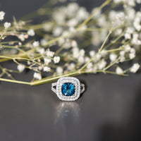 Real 8mm Cushion Cut London Blue Topaz Double Halo Engagement Ring with Moissanite