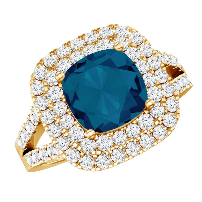 Rosec Jewels 8mm cushion cut London Blue Topaz engagement ring with double halo and moissanite accents, showcasing elegant gemstone setting.