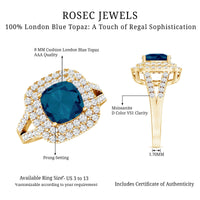 Real 8mm Cushion Cut London Blue Topaz Double Halo Engagement Ring with Moissanite