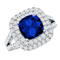 2.7 Carat Cushion Cut Lab Grown Blue Sapphire Engagement Ring with Double Halo