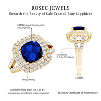 2.7 Carat Cushion Cut Lab Grown Blue Sapphire Engagement Ring with Double Halo