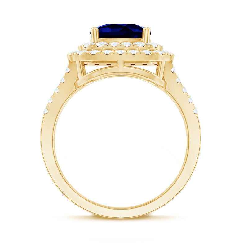 Cushion cut lab-grown blue sapphire engagement ring with double halo and sterling silver band by Rosec Jewels