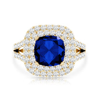 2.7 Carat Cushion Cut Lab Grown Blue Sapphire Engagement Ring with Double Halo