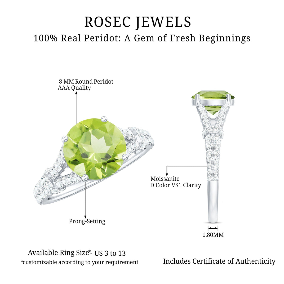 Peridot solitaire engagement ring with moissanite accents in a split shank design from Rosec Jewels.