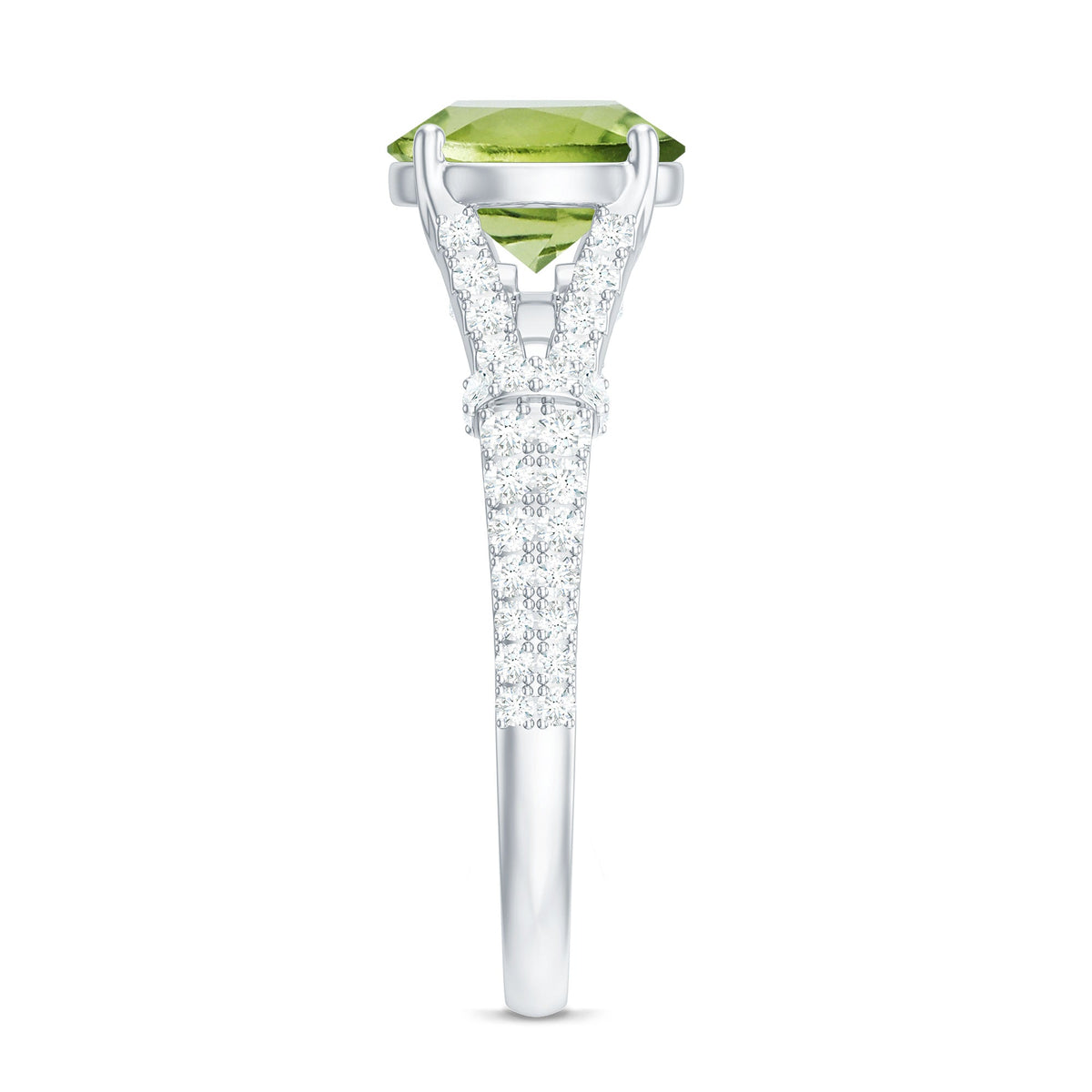 Peridot solitaire engagement ring with moissanite accents in a split shank design by Rosec Jewels