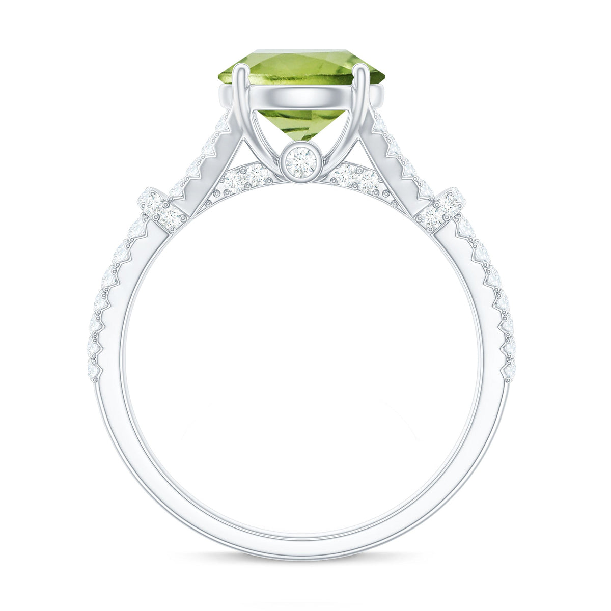 Rosec Jewels peridot solitaire engagement ring with moissanite, featuring a split shank design and elegant gemstone setting.
