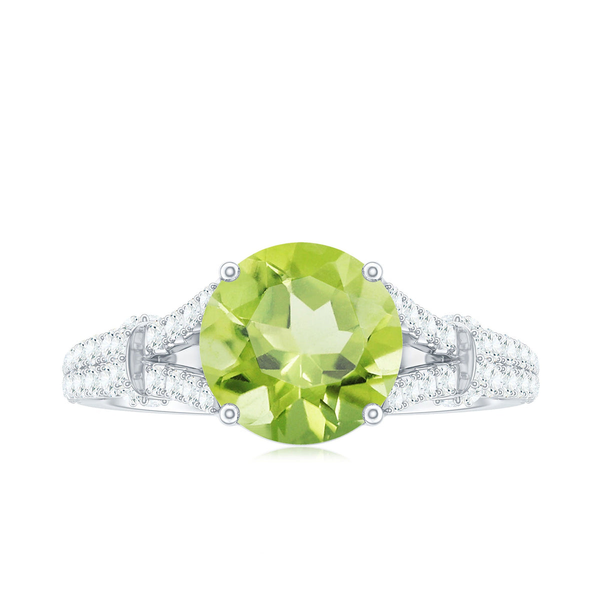 Peridot solitaire engagement ring with moissanite accents and split shank design by Rosec Jewels.