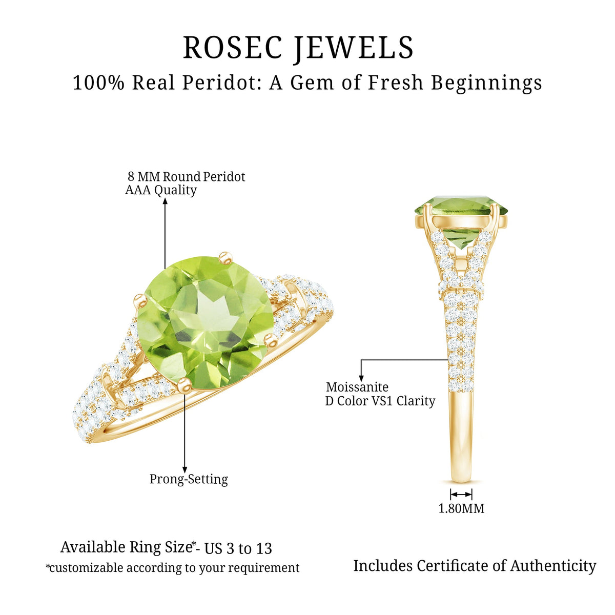 Peridot solitaire engagement ring with moissanite in a split shank design by Rosec Jewels, featuring a central green gemstone and elegant band.