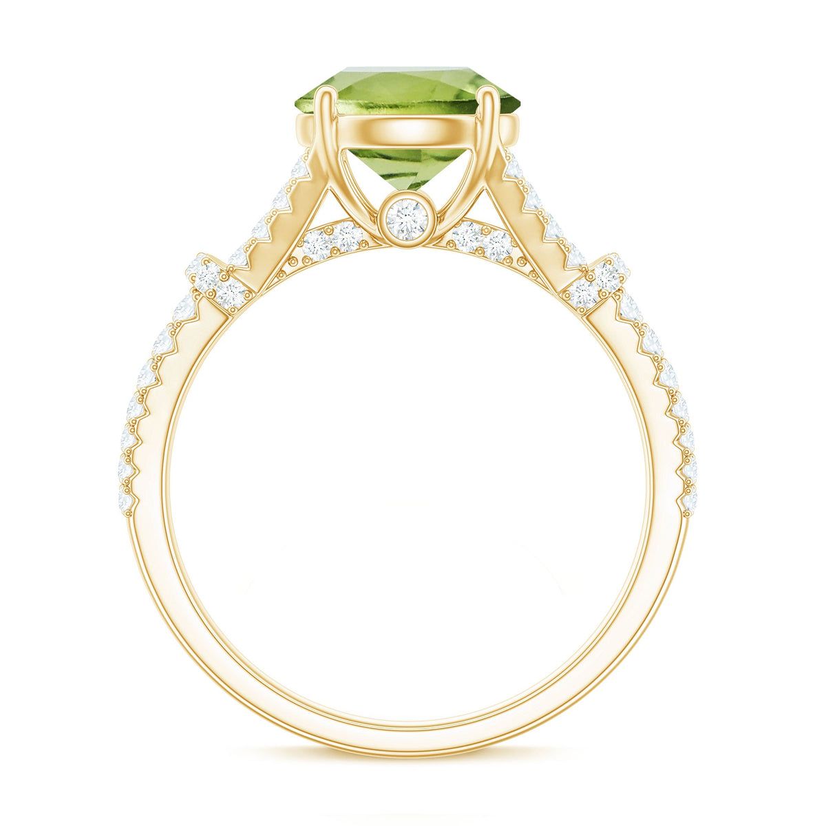 Peridot solitaire engagement ring with moissanite accent stones in a split shank design by Rosec Jewels