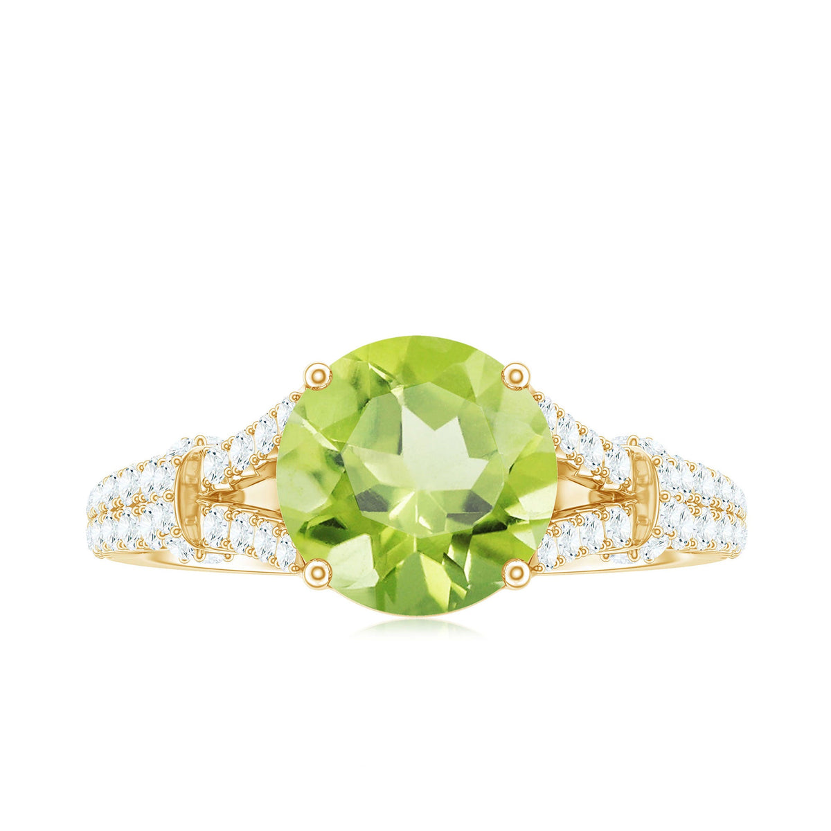 Peridot solitaire engagement ring with moissanite accents and split shank, featuring a rose gold band from Rosec Jewels.