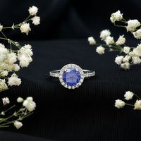2.7 Carat Round Lab Created Blue Sapphire Classic Engagement Ring with Diamond Halo