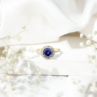 2.7 Carat Round Lab Created Blue Sapphire Classic Engagement Ring with Diamond Halo
