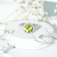 2 Carat Round Peridot Engagement Ring with Diamond Halo