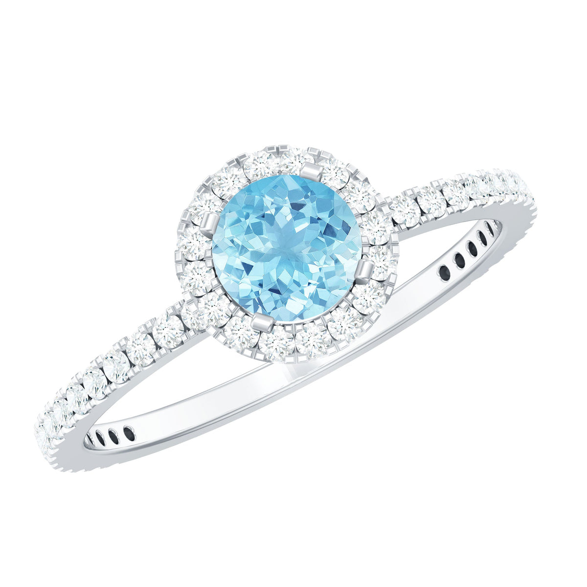 Genuine blue aquamarine ring with diamond accents from Rosec Jewels, featuring a silver band and detailed gemstone setting.