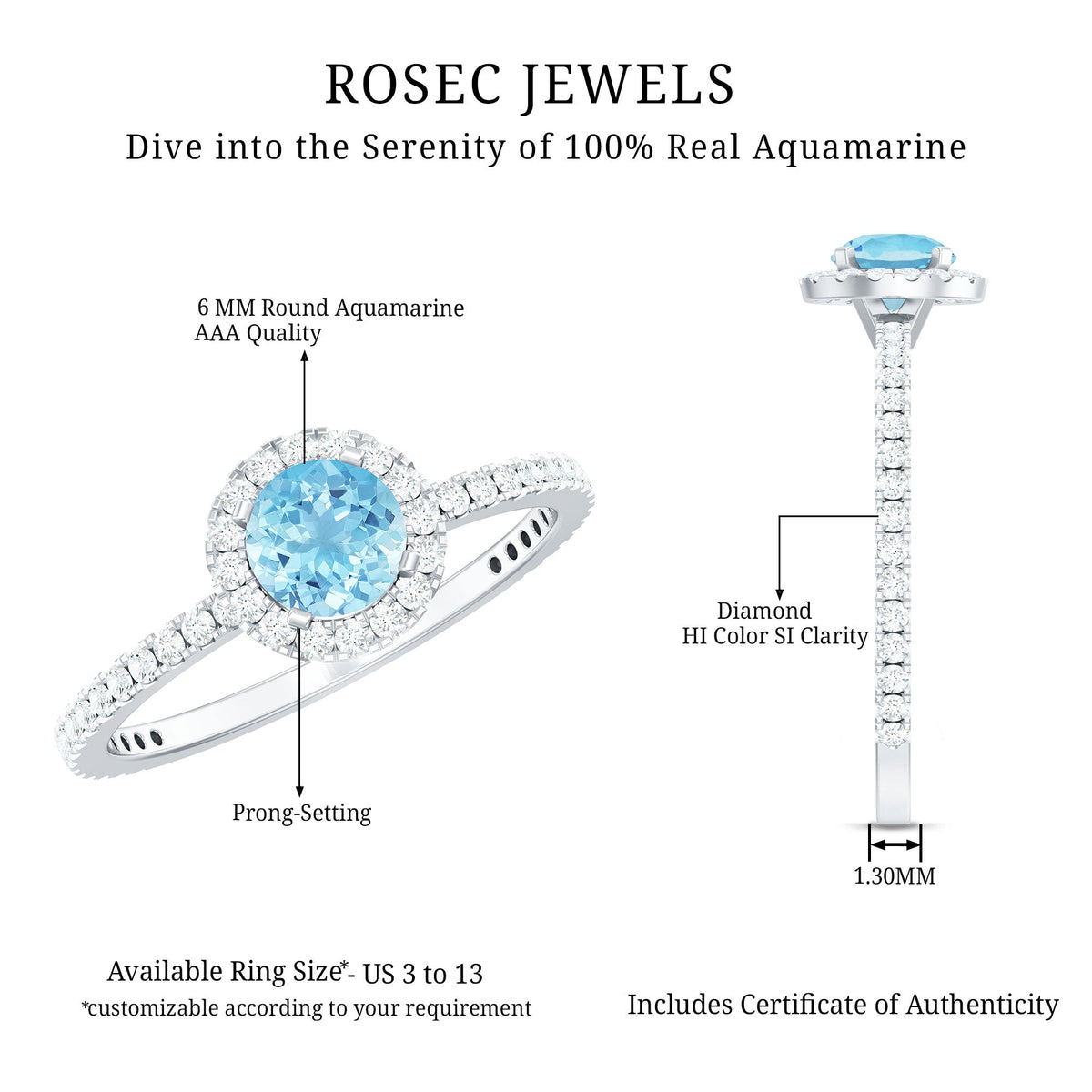 Genuine blue aquamarine ring with diamond accents, featuring a silver band, from Rosec Jewels.