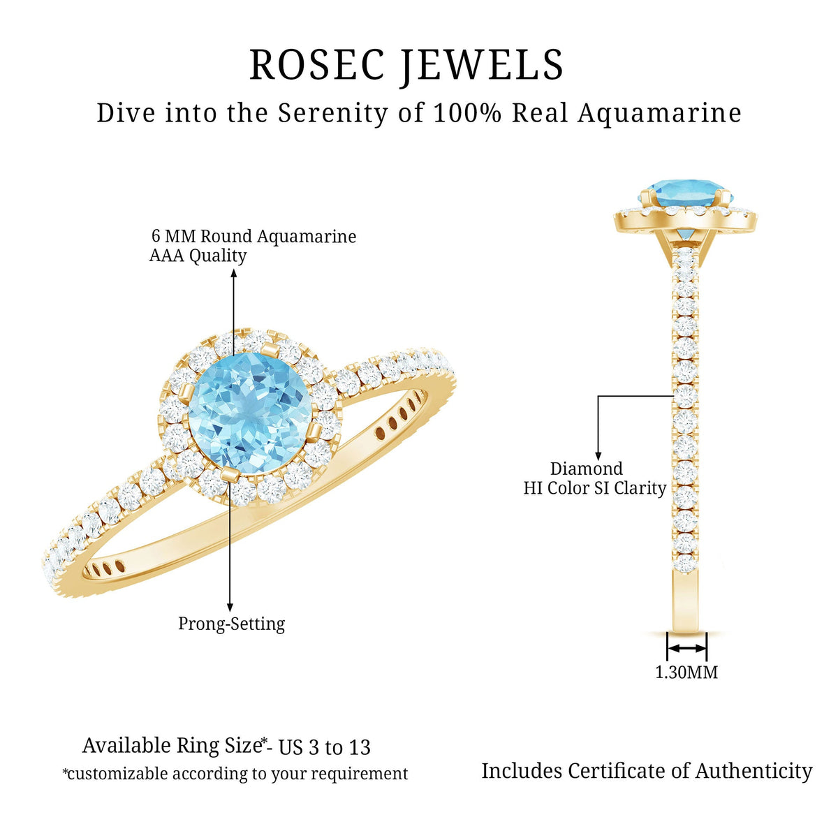 Rosec Jewels genuine blue aquamarine ring with diamond accent, featuring a silver band and intricate gemstone setting.