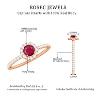 Real 0.6 carat ruby engagement ring with diamond halo from Rosec Jewels, featuring a central ruby and sparkling diamond accents.