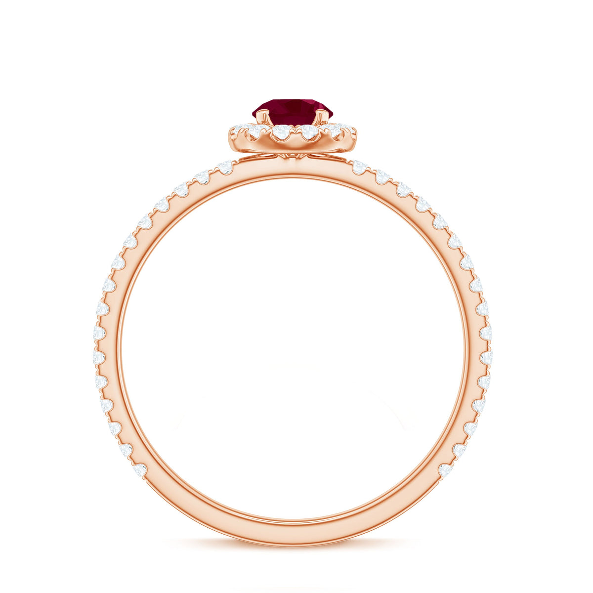 Real 0.6 carat ruby engagement ring with diamond halo from Rosec Jewels, showcasing the vibrant ruby centerpiece and sparkling accent diamonds.