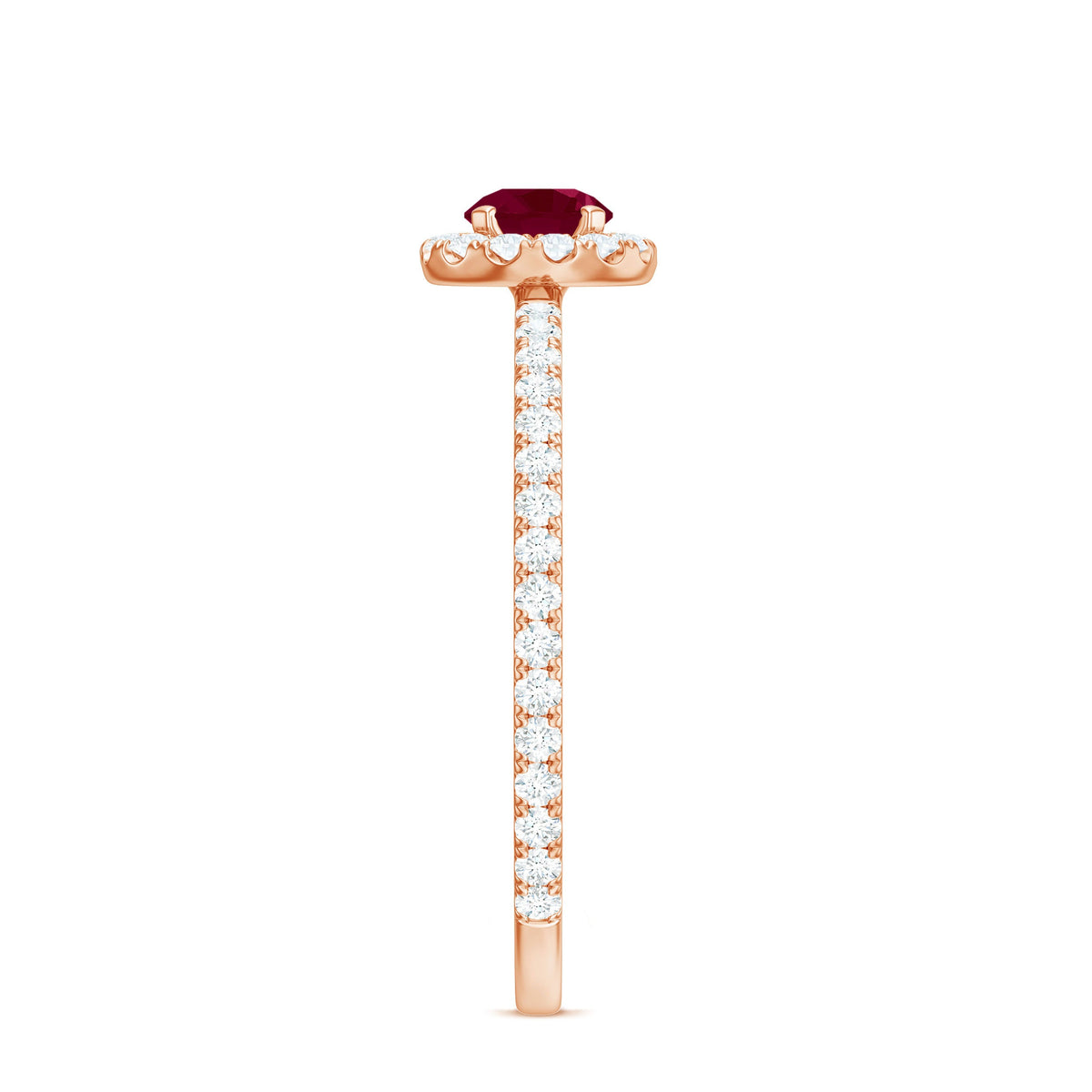 Real 0.6 carat Ruby engagement ring with diamond halo from Rosec Jewels, featuring a central ruby and sparkling diamond accents.