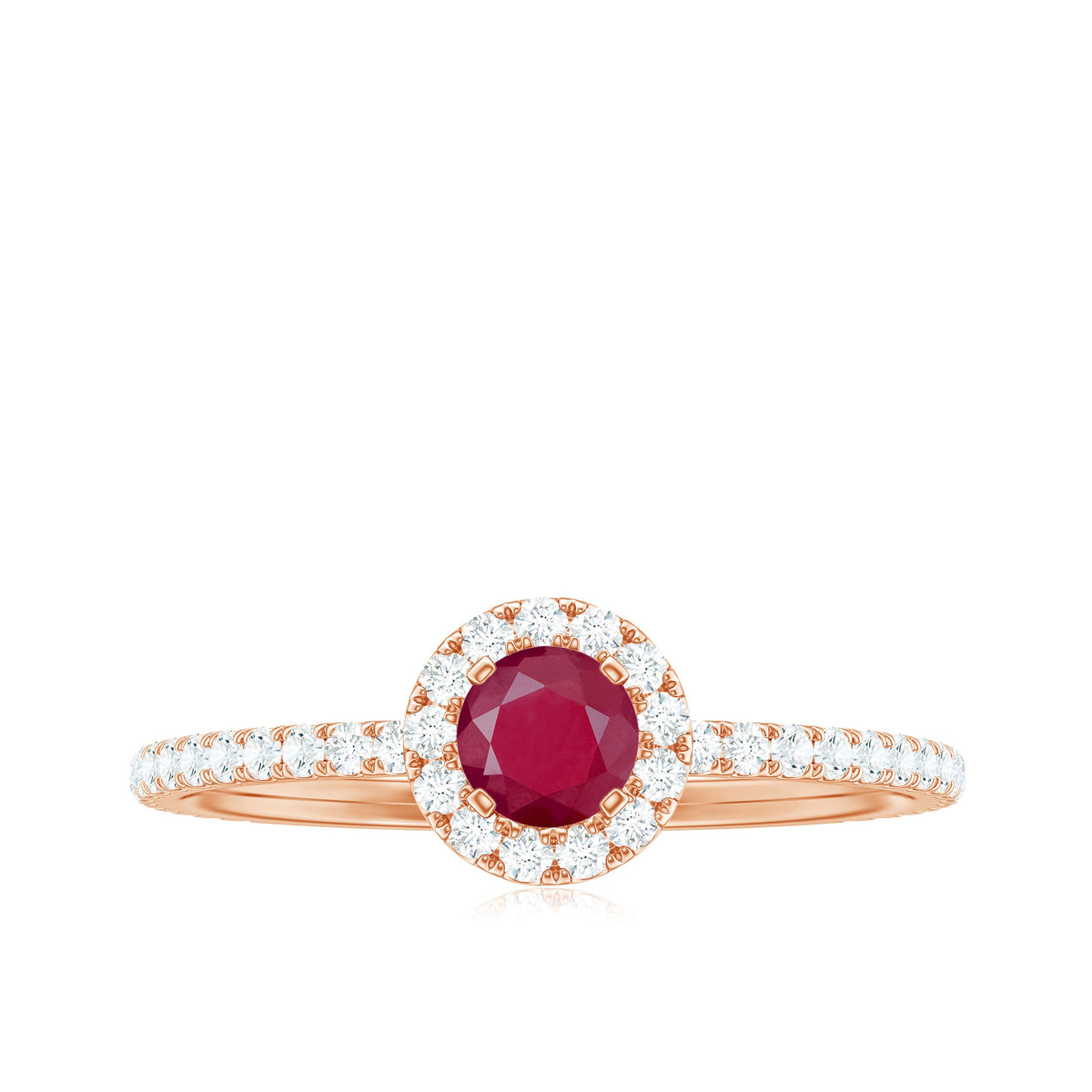 Real 0.6 carat ruby engagement ring with diamond halo by Rosec Jewels, showcasing a central ruby surrounded by sparkling diamonds.