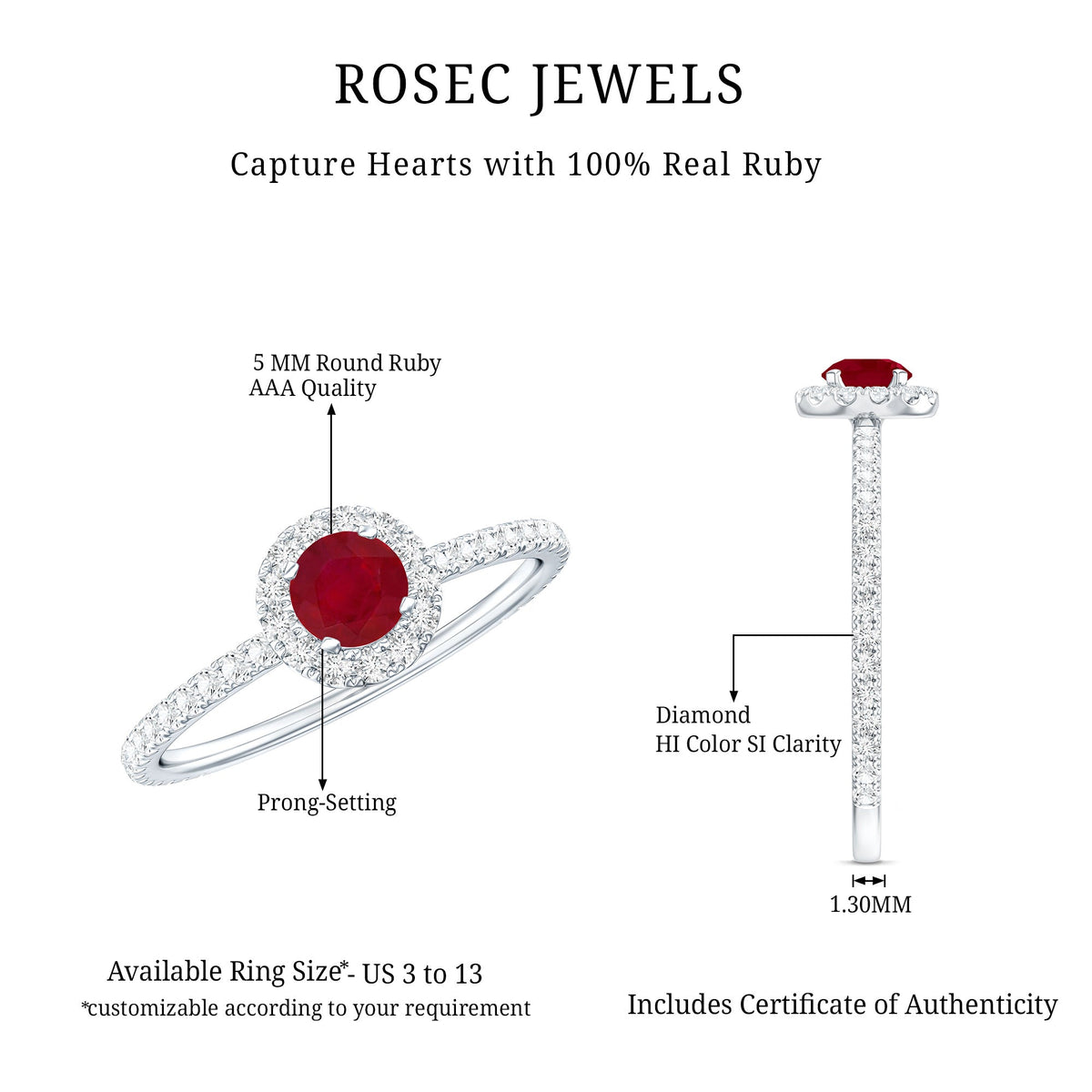 Real 0.6 carat ruby engagement ring with diamond halo from Rosec Jewels, showcasing a stunning central ruby and sparkling halo setting.