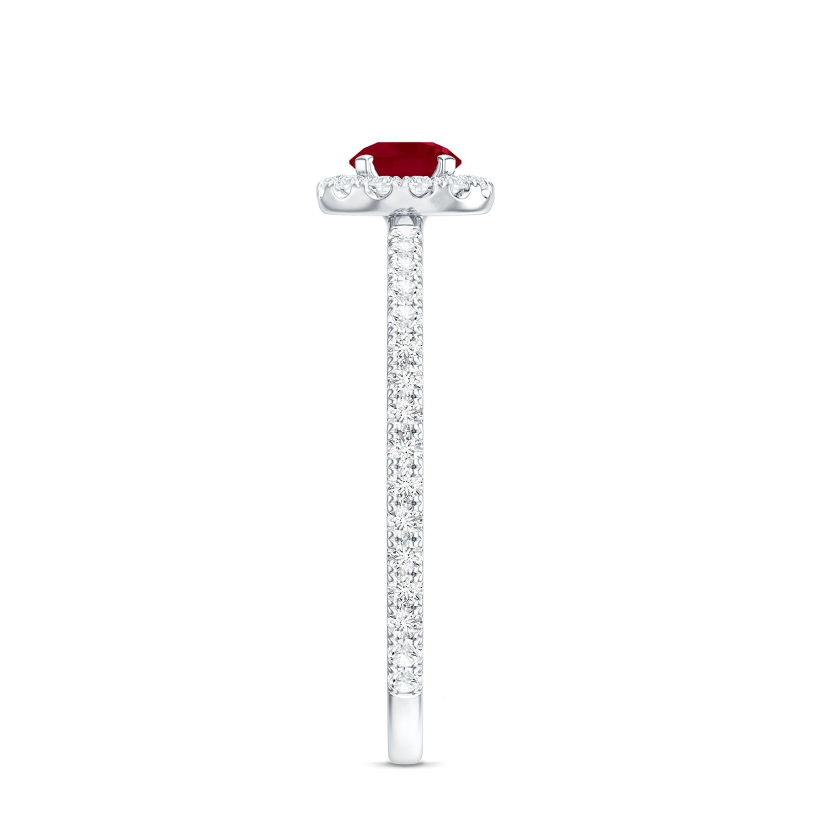 Real 0.6 carat ruby engagement ring with diamond halo by Rosec Jewels, featuring a central ruby and sparkling diamond accents.