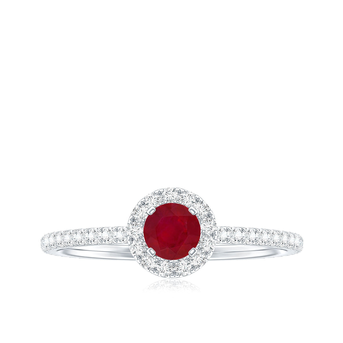 Real 0.6 carat ruby engagement ring with diamond halo by Rosec Jewels, showcasing a central ruby surrounded by sparkling diamonds.