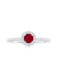 Real 0.6 carat ruby engagement ring with diamond halo by Rosec Jewels, showcasing a central ruby surrounded by sparkling diamonds.
