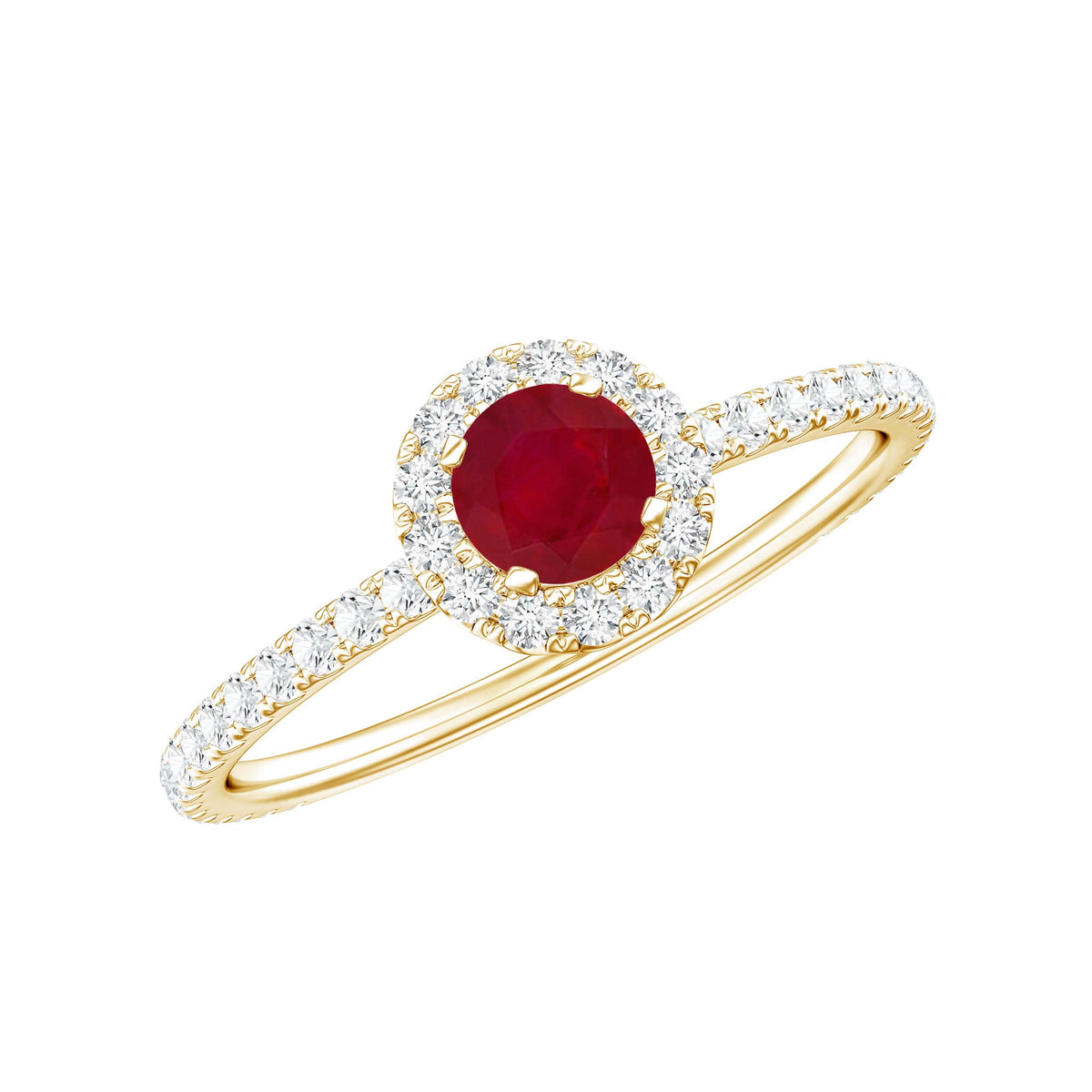 Real 0.6 carat ruby engagement ring with diamond halo, showcasing a stunning red ruby centerpiece surrounded by sparkling diamonds.