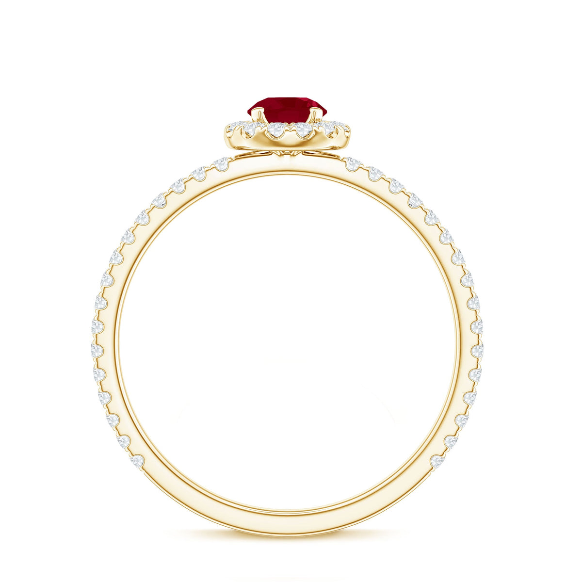 Real 0.6 carat ruby engagement ring with diamond halo from Rosec Jewels, featuring a stunning central ruby and sparkling diamond accents.