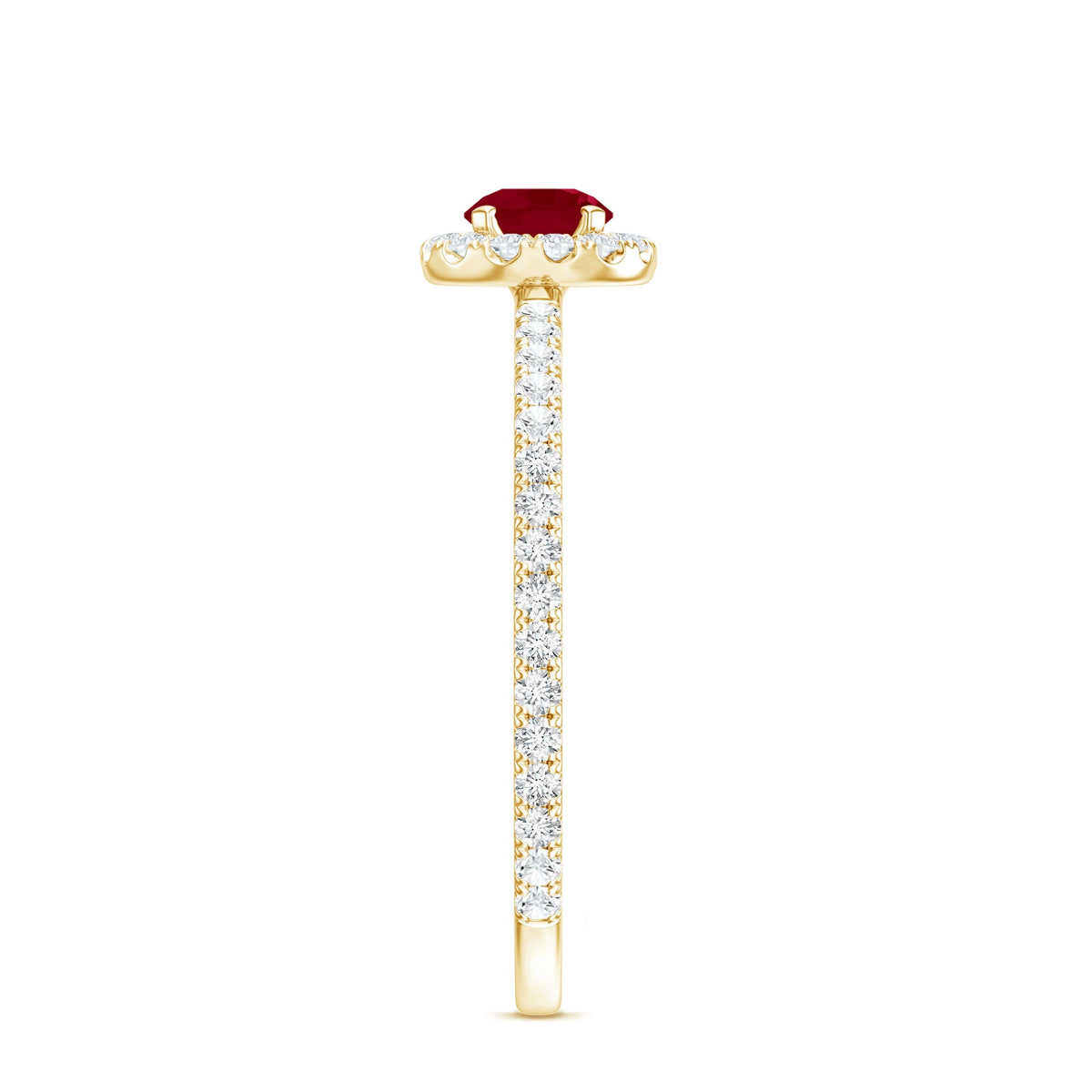Real 0.6 carat ruby engagement ring with diamond halo from Rosec Jewels, featuring a central ruby and sparkling diamond accents.