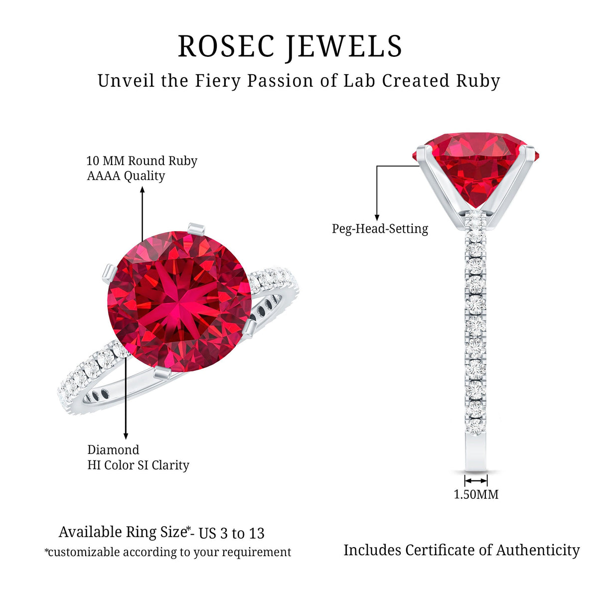 10 MM Lab Created Ruby Solitaire Engagement Ring With Real Diamonds
