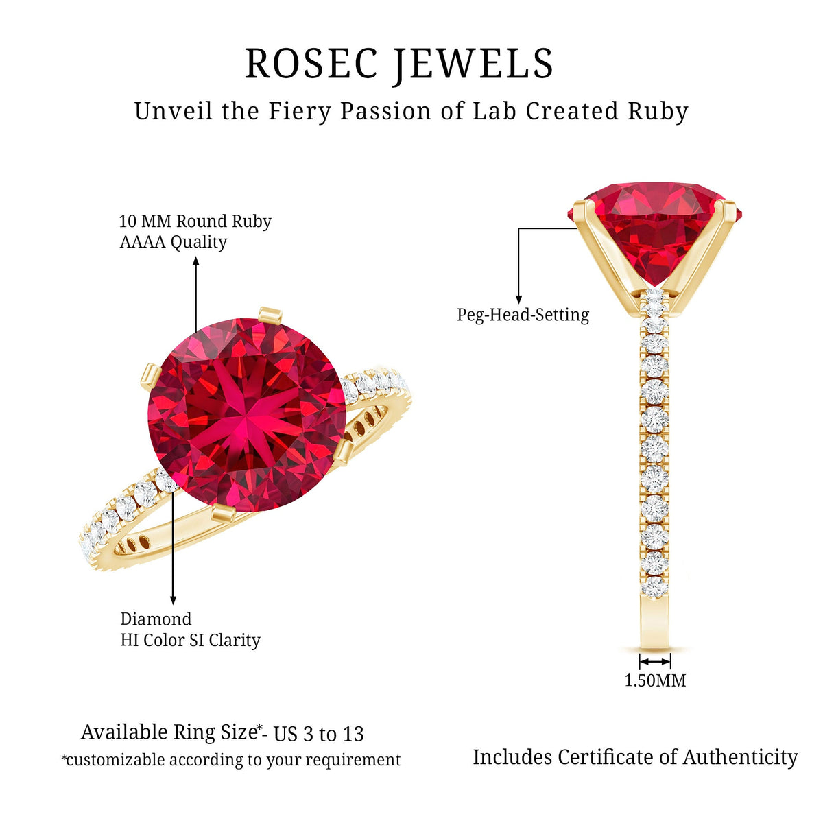 10 MM Lab Created Ruby Solitaire Engagement Ring With Real Diamonds